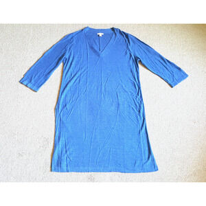 Womens Sweater-J. JILL-blue linen blend extra long tunic V-neck slits 3/4 slv-M
